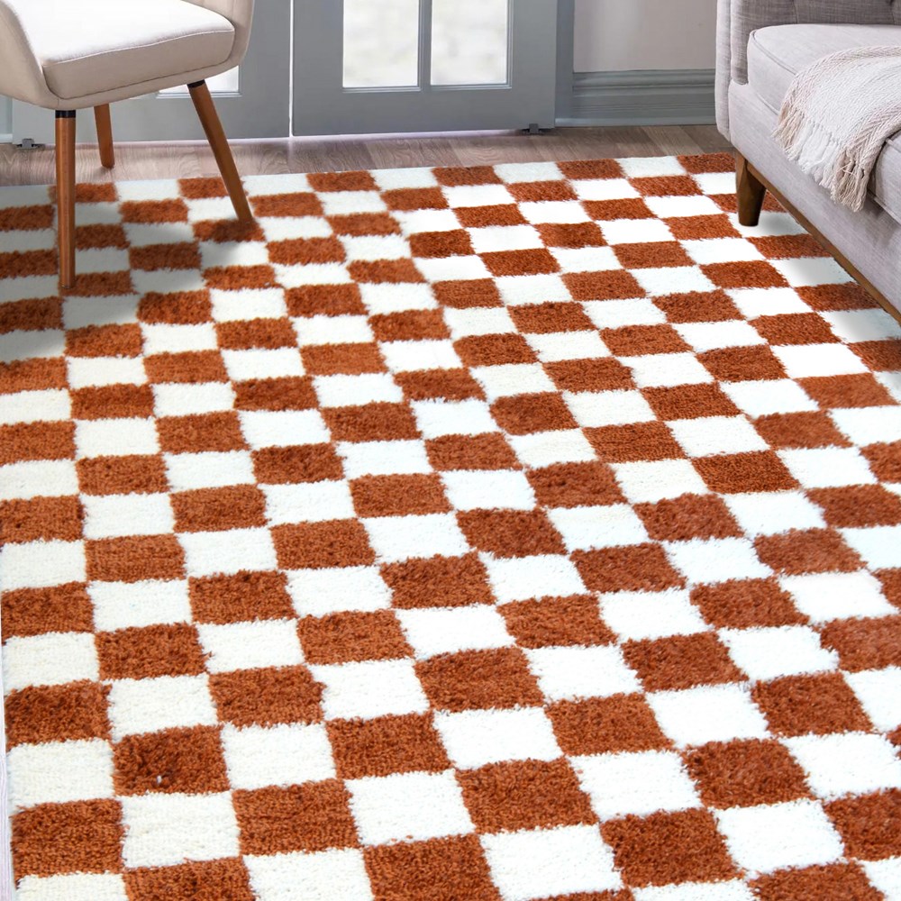 Snug Checks Shaggy Geometric Rugs in Terracotta Orange